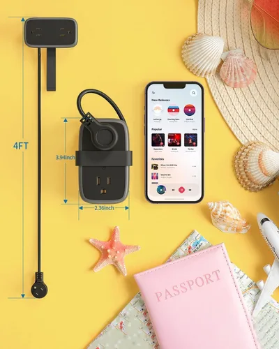 Vista 8 de NTONPOWER - Regleta de alimentación de viaje con puertos USB, enchufe plano de 4 pies envuelto alrededor de cable de extensión corto con 4 tomas, 3