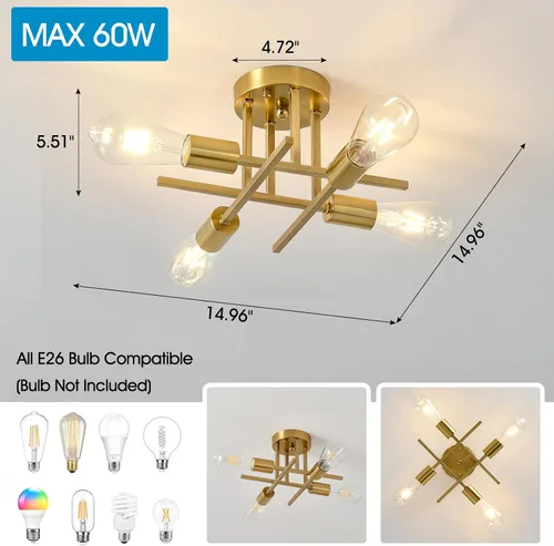 Vista 2 de EGM Lámpara de techo semiempotrada dorada, lámpara de cocina moderna de 4 luces con base E26, lámpara de techo para dormitorio, candelabro Sputnik