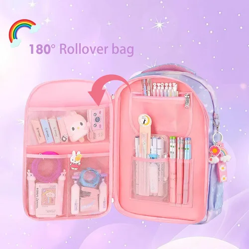 Vista 4 de Mochila Kawaii Rainbow para niñas Lindas bolsas escolares estrelladas para niños y adolescentes con estuche de felpa para bolígrafos y juego de 6