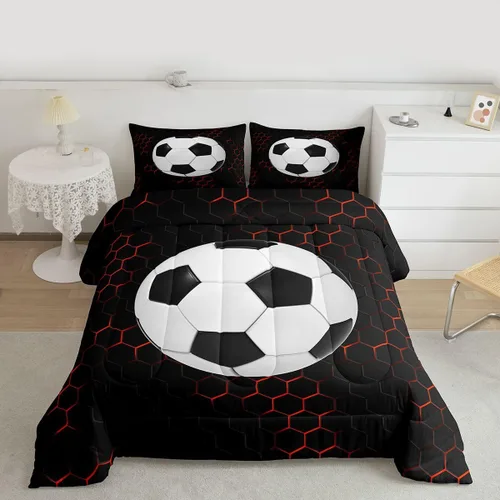Vista 2 de Juego de edredón de panal negro y rojo para adolescentes, jóvenes y adultos, juego de ropa de cama de fútbol y fútbol, juegos de edredón hexagonales