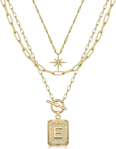 Vista 44 de MJartoria Collares con iniciales en capas para mujer, modernos, chapados en oro de 14 quilates, cadena de papel, collar sencillo con dije de Dorado