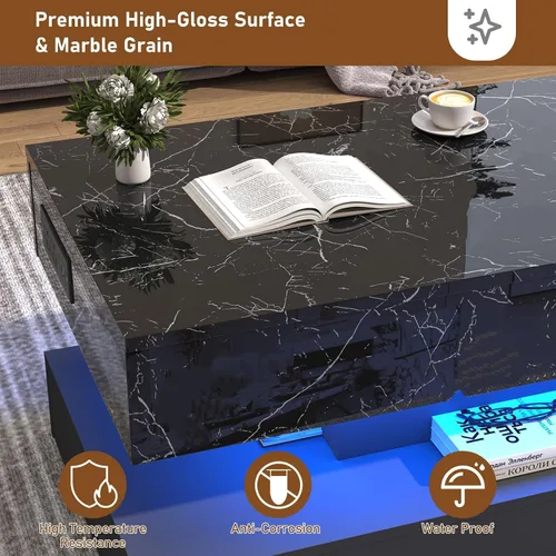 Vista 3 de chartustriable Mesa de Centro Grande de 39.4" con Tapa Elevable y Estación de Carga, Mesa Central LED Moderna de Alto Brillo con Compartimento