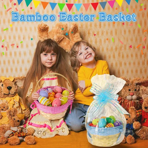 Vista 4 de Weysat Juego de 12 cestas de Pascua de bambú a granel, con asa redonda tejida transparente, bolsa de envoltura, lazo de conejo, papel de vidrio