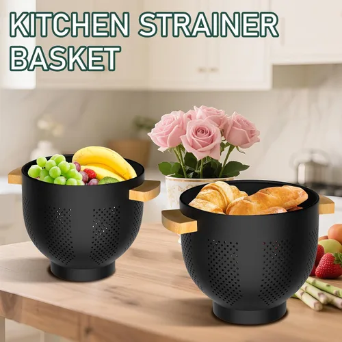 Vista 5 de Colador de metal con mango de madera de bambú, colador grande de 6 cuartos de galón con base autodrenante, cuenco colador de cocina para pasta