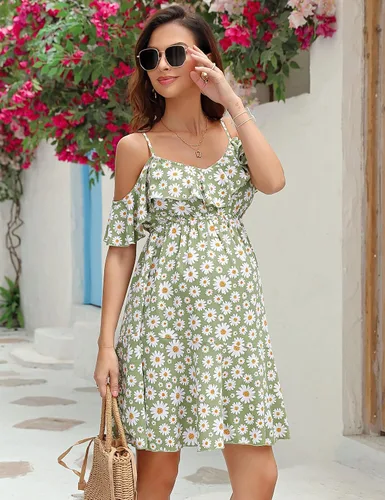 Vista 4 de FUNJULY Vestido de lactancia de maternidad para mujer, cuello en V, tirantes delgados, manga con volantes, estampado de margaritas, vestido