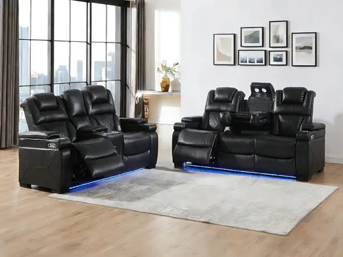 Vista 14 de THSUPER Juego de sofás reclinables de cuero transpirable con potencia con luz LED, asientos reclinables de cine en casa con reposacabezas