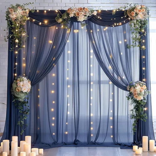 Vista 33 de Cortina de telón de fondo de tul negro de 10 x 10 pies con cadena de luces para fiestas, cortinas de fondo de fotos transparentes para bodas