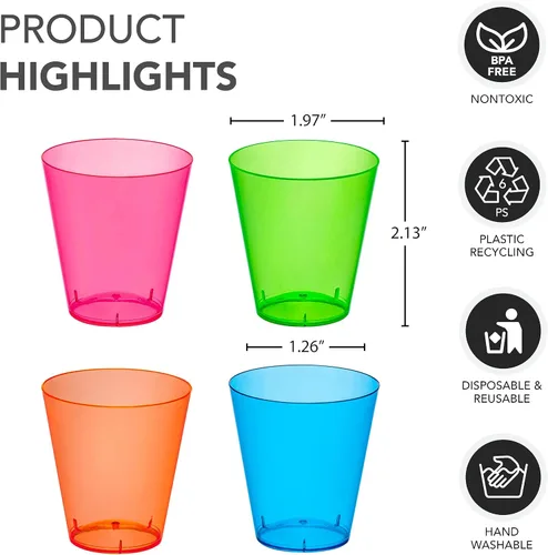 Vista 3 de Party Essentials Hard Plastic 2-Ounce Shot/Shooter Glasses, 40-Count, Assorted Neon