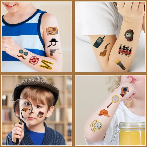 Vista 4 de 20 hojas de tatuajes temporales de detective espía de agente secreto, pistas de detective misterioso, recuerdos de fiesta, accesorios de decoración