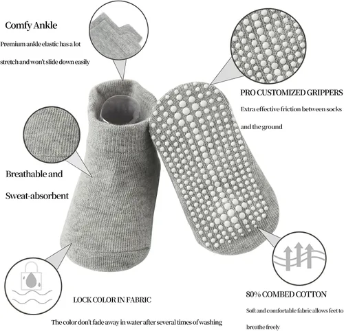 Vista 3 de QIYIENDIAN 6 pares de calcetines antideslizantes acogedores y cálidos tipo crew con agarres para bebés, infantes, niños pequeños, niños y niñas