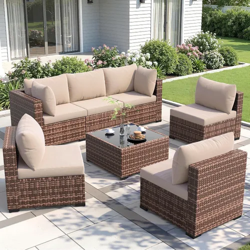Vista 12 de Amopatio Juego de muebles de patio de 7 piezas, seccionales para exteriores, beige Negro/Beige