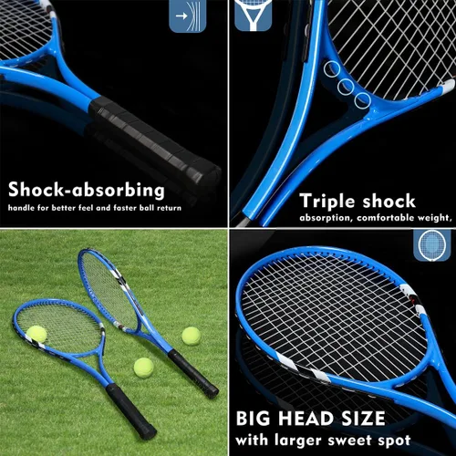 Vista 4 de Raquetas de tenis para 2 jugadores recreativas para principiantes, juego de raquetas adultas ligeras preencordadas de 27 pulgadas para mujeres