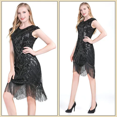 Vista 3 de PLULON 1920s Sequin Beaded Fringed Flapper Dress with 20s Accessories Set
