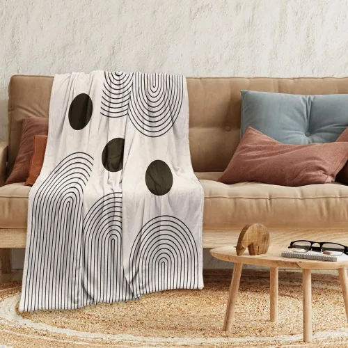 Vista 2 de Manta moderna abstracta de color negro y beige, manta bohemia de franela de doble cara, adecuada para adultos y niños en el sofá, automóvil, siesta