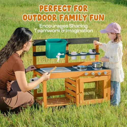 Vista 6 de ROBUD Cocina de Barro para Niños al Aire Libre, Cocina de Juego de Madera al Aire Libre, Cocina de Barro para Niños con Fregadero y Grifo