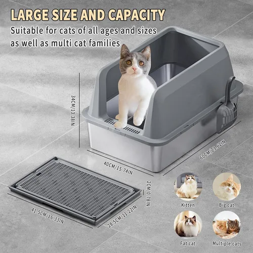 Vista 6 de Caja de arena de acero inoxidable, caja de arena grande para gatos con alfombrilla de arena para gatos, 23.62 pulgadas de largo x 15.75 pulgadas