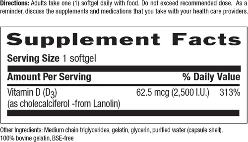 Vista 2 de Country Life Vitamina D3 2500 I.U. Sin gluten, 60 cápsulas blandas