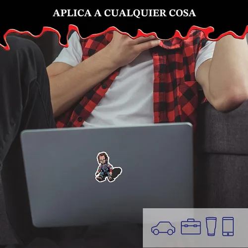 Vista 5 de Chucky Doll - Juego de 3 calcomanías de vinilo para coche, vaso, botella de agua, laptop, Halloween, terror, coche, calcomanías de cara de muñeca