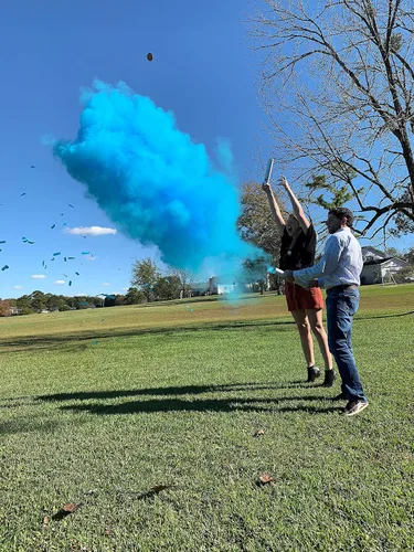 Vista 4 de Sorpresa de revelación de género, paquete de cañón de polvo azul, cañón de polvo azul fácil de usar para fiestas de revelación de género del bebé