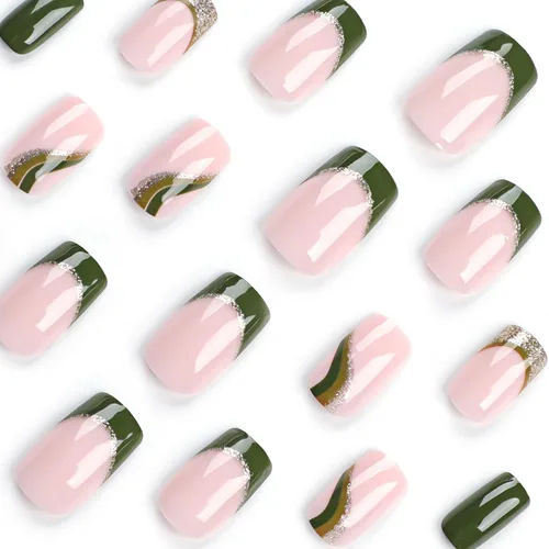 Vista 7 de Uñas postizas verdes a presión - Uñas falsas cortas cuadradas con purpurina dorada y diseños de remolino, acabado brillante, uñas postizas acrílicas