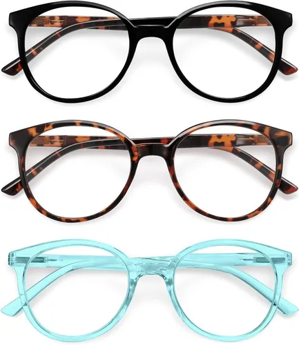 Vista 22 de IBOANN - Lentes con filtro de luz azul para mujeres y hombres, paquete de 3 unidades, armazón redonda estilo retro a la moda, lentes falsos vintage