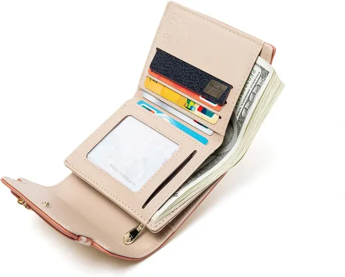 Vista 2 de Carteras para mujer Rfid - Cartera pequeña de cuero con diseño de flores y monedero con cremallera y tarjetero, Naranja, Compacto
