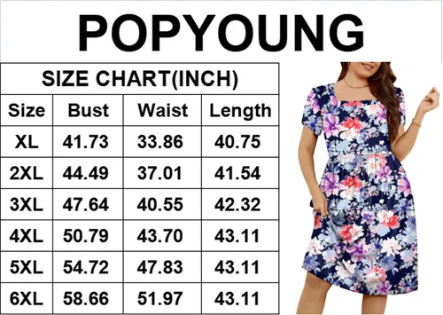Vista 4 de POPYOUNG Women's Plus Size Casual Dresses Short Sleeve Midi Dress XL-5XL