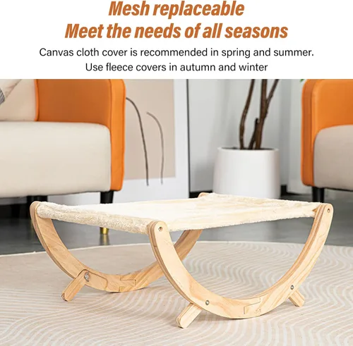 Vista 4 de Hamaca de madera para gatos, plegable y extraíble, transpirable y antideslizante, elevada para todas las estaciones, cama columpio adecuada
