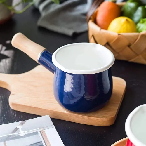 Vista 5 de Olla de leche esmaltada, olla pequeña para leche, calentador de mantequilla de 4 pulgadas, 17 onzas, sartén pequeña esmaltada con mango de madera