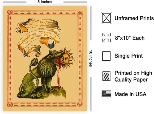 Vista 2 de Poster Master Póster vintage, estampado retro de león verde devorando el sol, arte hermético, arte de mitología, regalo para hombres y mujeres