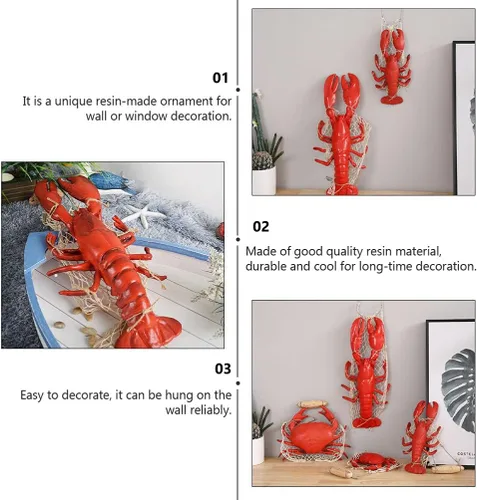 Vista 5 de BESPORTBLE Decoraciones de langosta de cangrejo de langosta roja, escultura náutica de pared de resina para colgar en la pared, decoración colgante