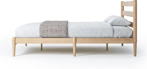 Vista 4 de Camaflexi Mid-Century - Cama de plataforma moderna, madera maciza, cabecera de listones, base de colchón de 10 listones de madera, no necesita Roble