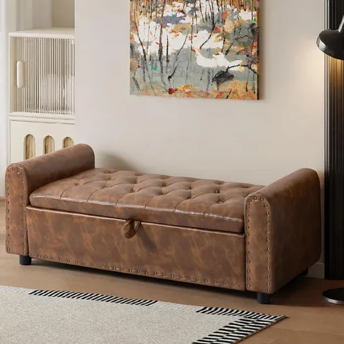 Vista 17 de 48" Ottoman with Storage, Tufted Storage Ottoman Bench, Convenient Living Room Fabrics Bench Seat, Entryway Shoe Benches with Inner Zipper & Arm