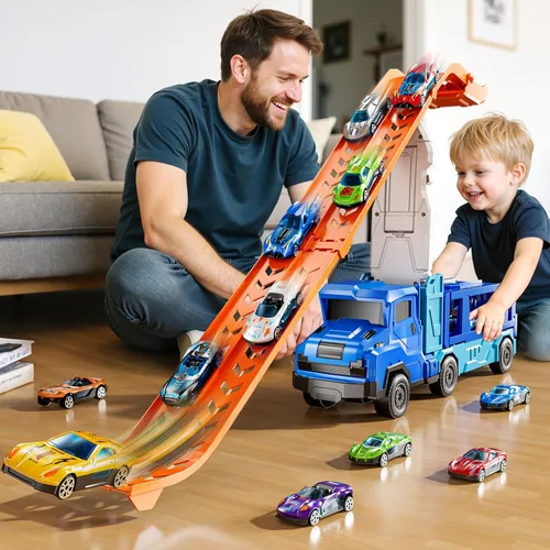 Vista 2 de Juego de camiones y coches para niños de 3, 4, 5, 6, 7, 8 años, juego de camiones transportadores con pista de 12 coches fundidos a presión
