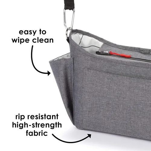 Vista 9 de Organizador universal para cochecito Diono Buggy Buddy XL con portavasos, sujeción segura, bolsillos con cremallera, seguro y protegido, gris