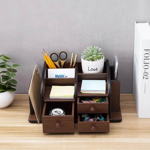 Vista 7 de MyGift organizador de elementos de escritorio y oficina, madera marrón, mueble con 3 gavetas, 3 compartimentos y 2 estantes