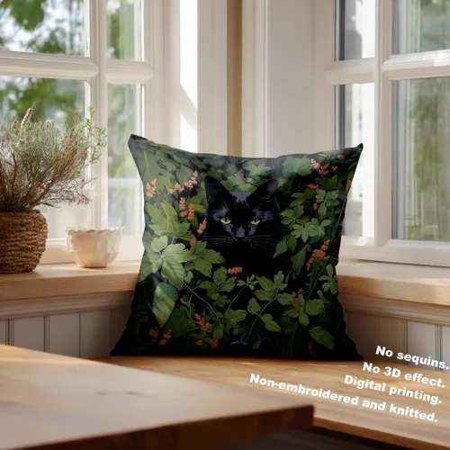 Vista 4 de Batmerry Fundas de almohada decorativas con estampado digital de hojas verdes y gatos negros con estampado digital para sofá, cama, cremallera
