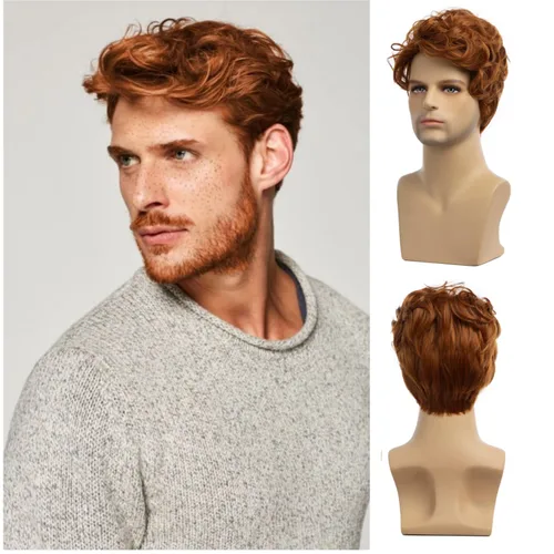 Vista 9 de Peluca negra corta y rizada para hombre, peluca sintética para cosplay, con gorra de peluca