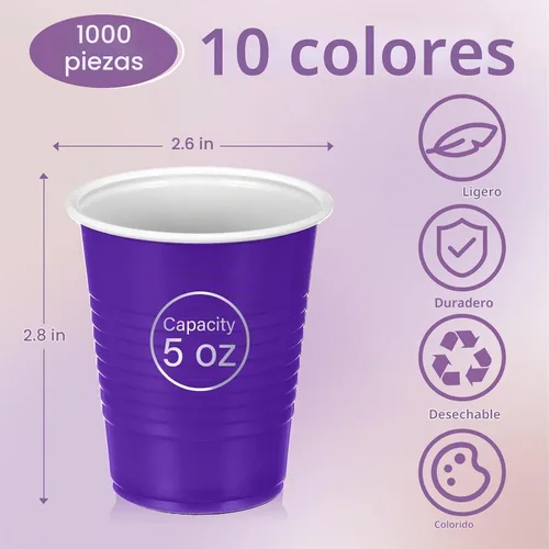 Vista 2 de Eaasty 1000 vasos de plástico desechables para fiestas, 10 colores, 5 onzas, vasos de plástico de 5 onzas, vasos desechables de varios