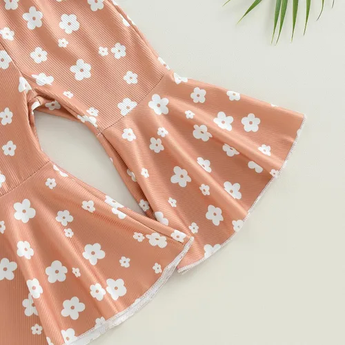 Vista 13 de Ropa de verano para bebé niña, sin mangas, estampado floral, correa acanalada, parte superior acampanada, pantalones de 2 piezas