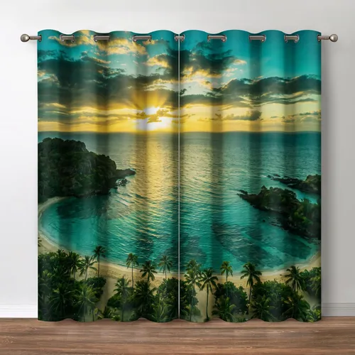Vista 31 de Jekeno Cortinas opacas con palmeras oceánicas, playa, cielo, sol, decoración de paisaje marino para dormitorio, sala de estar, cortinas de ventana