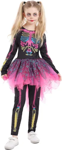 Vista 8 de Seasons Disfraces de Halloween para niñas, disfraces de esqueleto brillante de neón