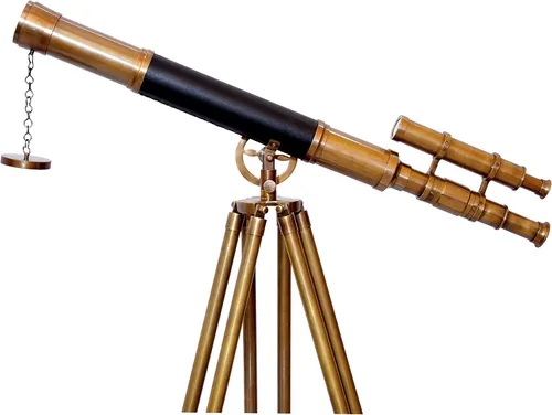 Vista 4 de Telescopio antiguo de latón cubierto de cuero con trípode ajustable de madera/latón náutico auténtico de alto aumento manual de enfoque de ajuste