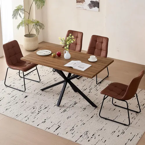 Vista 12 de Dining Table Set for 4, Modern 55" Brown Wood Grain Kitchen Table with 4 Stackable Dining Chairs, Faux Leather, for Dining Living Room Apartment