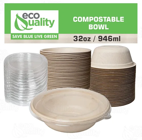 Vista 5 de [Paquete de 50] Cuencos redondos de papel compostables desechables de 32 onzas con tapas, resistentes, bagazo natural ecológico sin blanquear