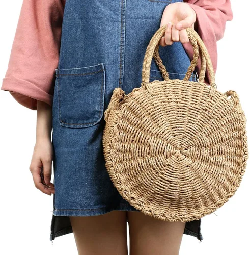 Vista 4 de Bolso cruzado de paja para mujer, con asa superior de verano, redondo, tejido a la moda