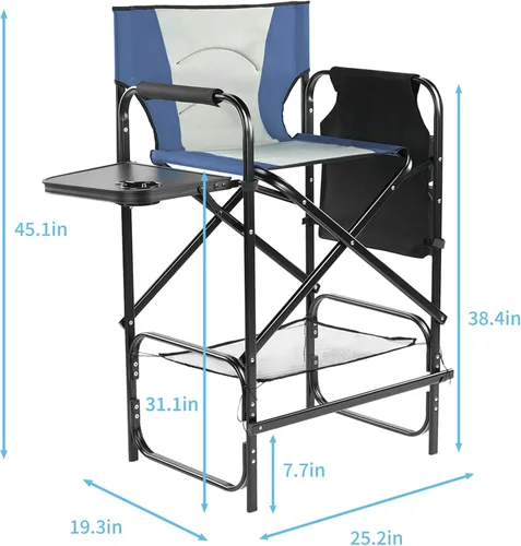 Vista 3 de 31'' Tall Directors Chair,Portable Seat Folding Camping Chair,High Bar Stool with Built-in Cup Holder, Side Table, Storage Pocket for Makeup Gray &