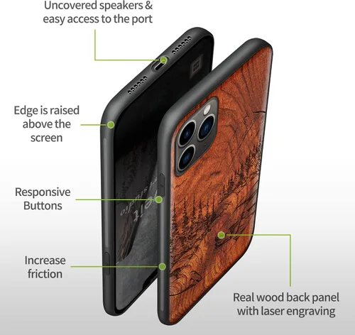 Vista 9 de Carveit Funda de madera para iPhone 11 Pro Max [madera natural y TPU suave negro] a prueba de golpes, protector de teléfono de madera único