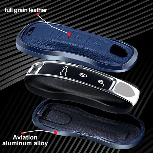Vista 5 de Funda de piel azul y aluminio compatible con Porsche 911 Cayenne Panamera TAYCAN 3 botones sin llave accesorio remoto