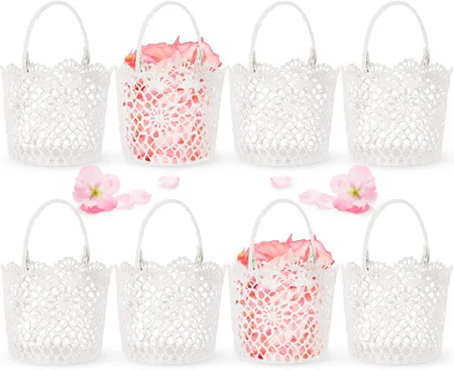 Vista 7 de WILLBOND 4 cestas blancas para niña de las flores con asa para ceremonia de boda, 5.9 x 4.72 x 4.33 pulgadas